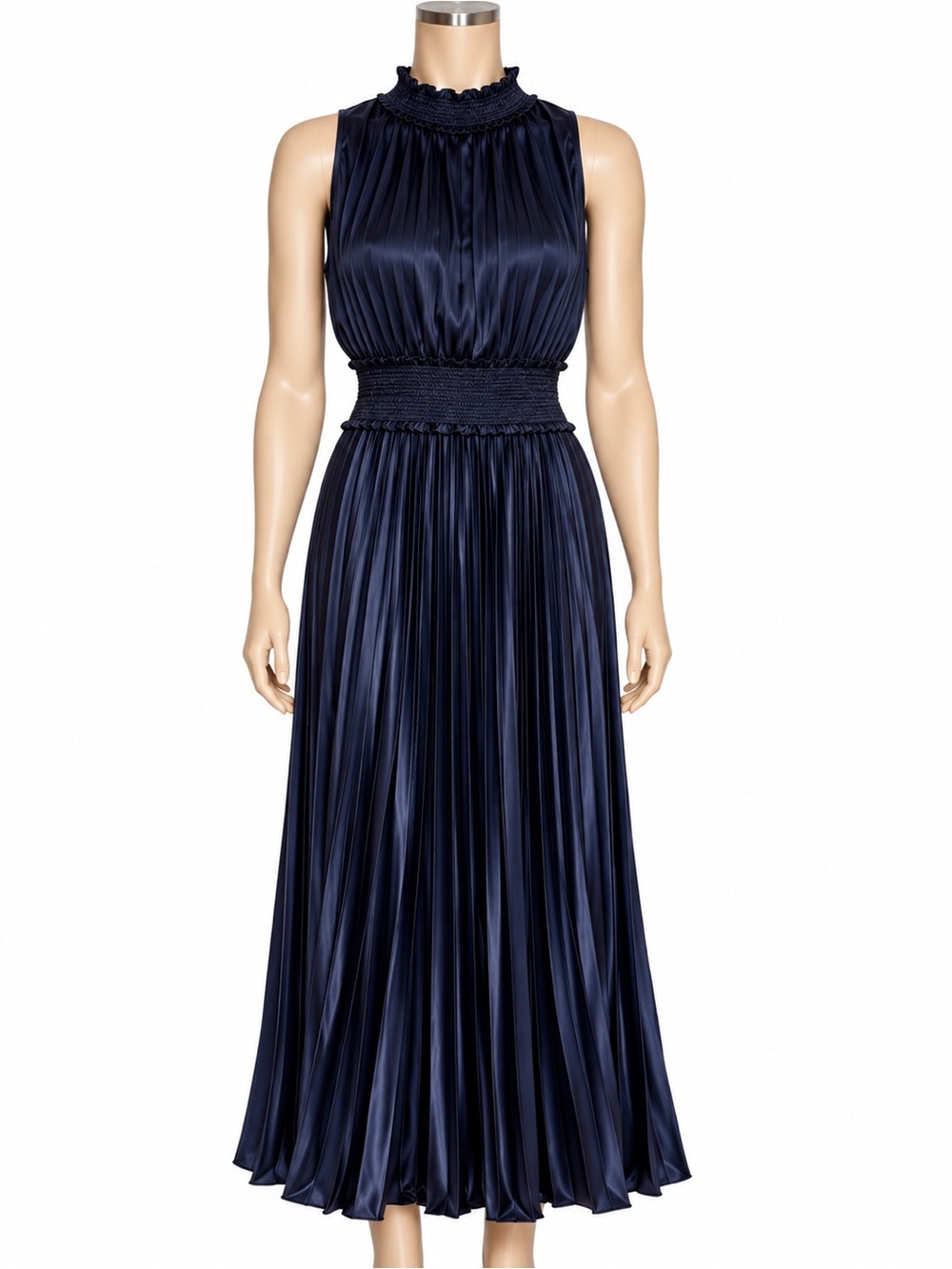 Nanette Lepore Deep Navy Pleated Maxi Dress with Smocked Waist